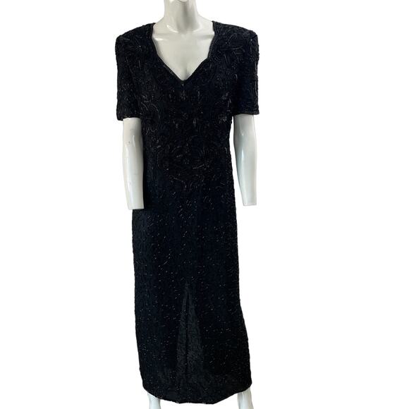 VINTAGE 80s Dress Womens PM Petite Medium Black Beaded Maxi Silk Retro - Picture 1 of 13